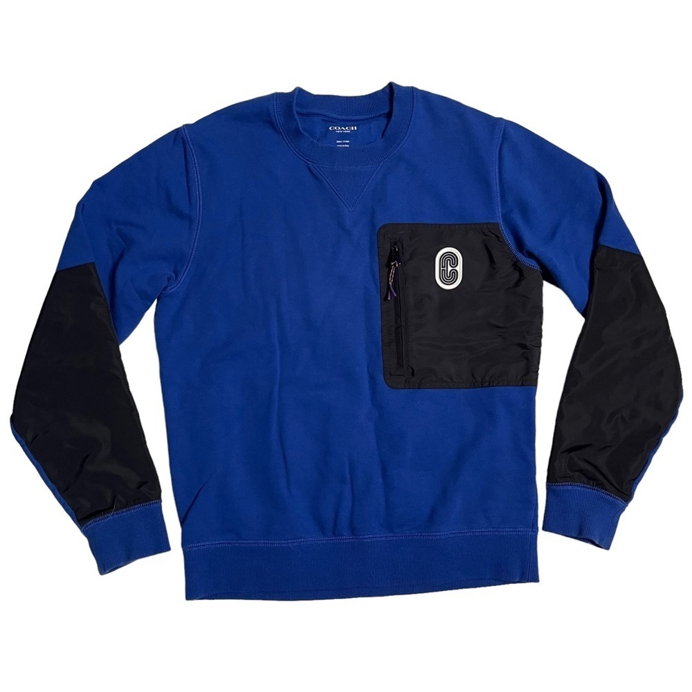Coach Men’s Blue Black Mixed Media Crewneck Sweatshirt Front Zip Pocket Small